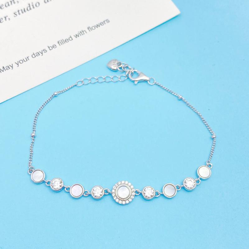 Elegant Korean-Style S925 Sterling Silver Circle Bracelet with Mother-of-Pearl and Zircon Inlay 925 Sterling Silver