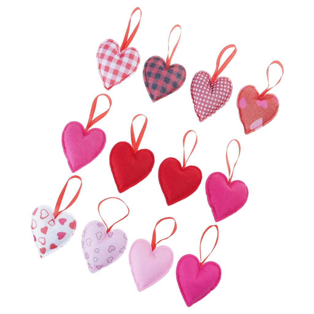 12Pieces Fabric Wrapped Love Heart Hanging Decorations for Romantics Valentines Day Setting Weddings Party Supplies