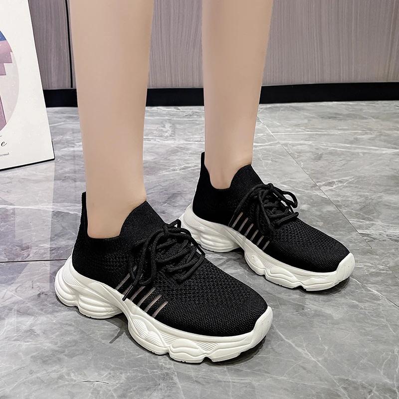 Breathable mesh flying Weaver girl style sports shoes,  new summer versatile casual lace-up thick-soled anti-slip dad shoes