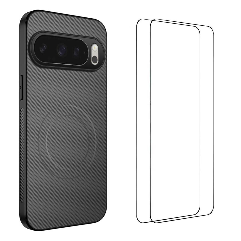 For Google Pixel 10 Pro XL Magnetic Case WANLONFENG TQ1 Series Carbon Fiber Texture PC TPU Phone Cover with 2Pcs Screen Films