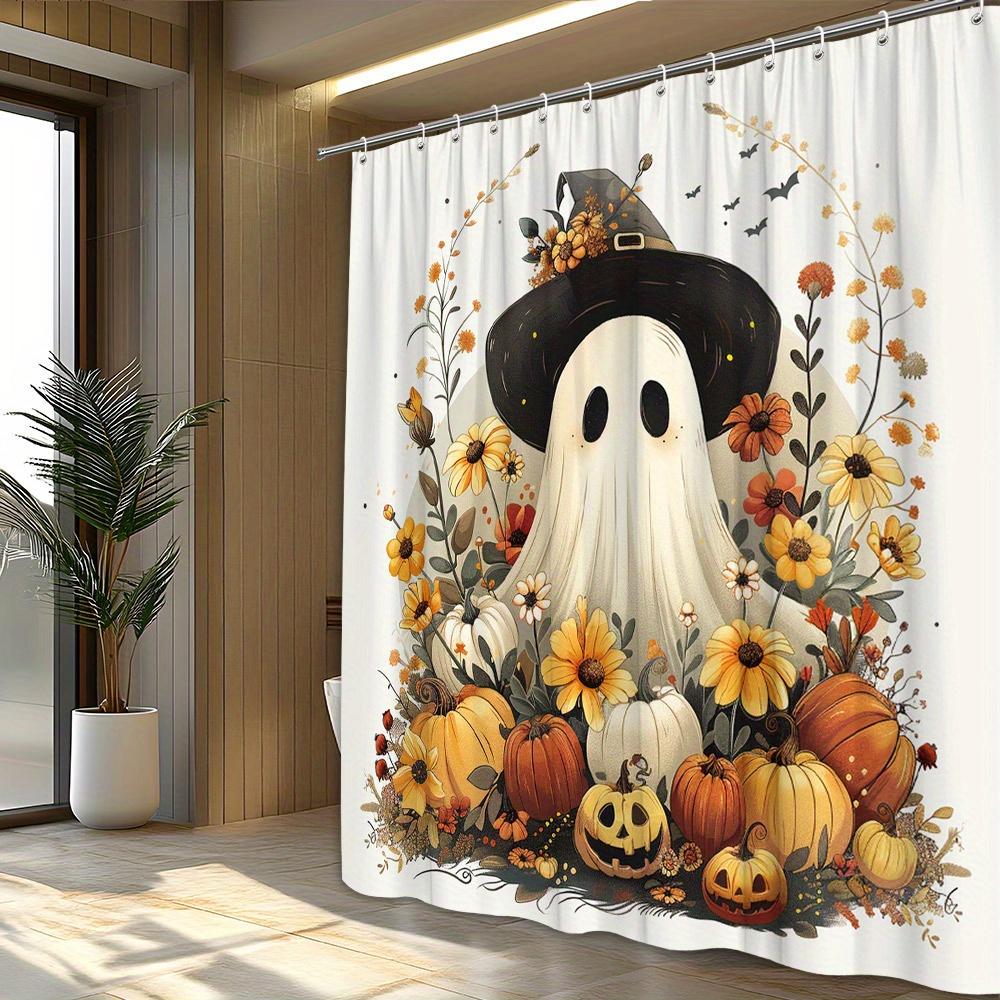 1pc Halloween Witch Hat Shower Curtain Playful Digital Drawing Autumn Flowers Jack-o-lantern Warm Autumn Colors Polyester Fabric