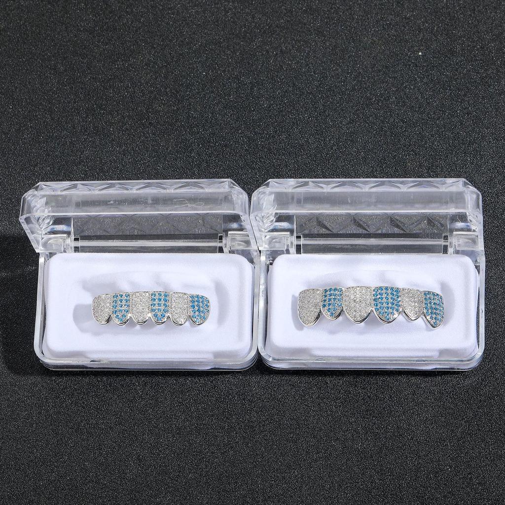 Hip Hop Blue & White Zircon Six-Tooth Grillz - Micro-Paved Zircon Costume Accessory