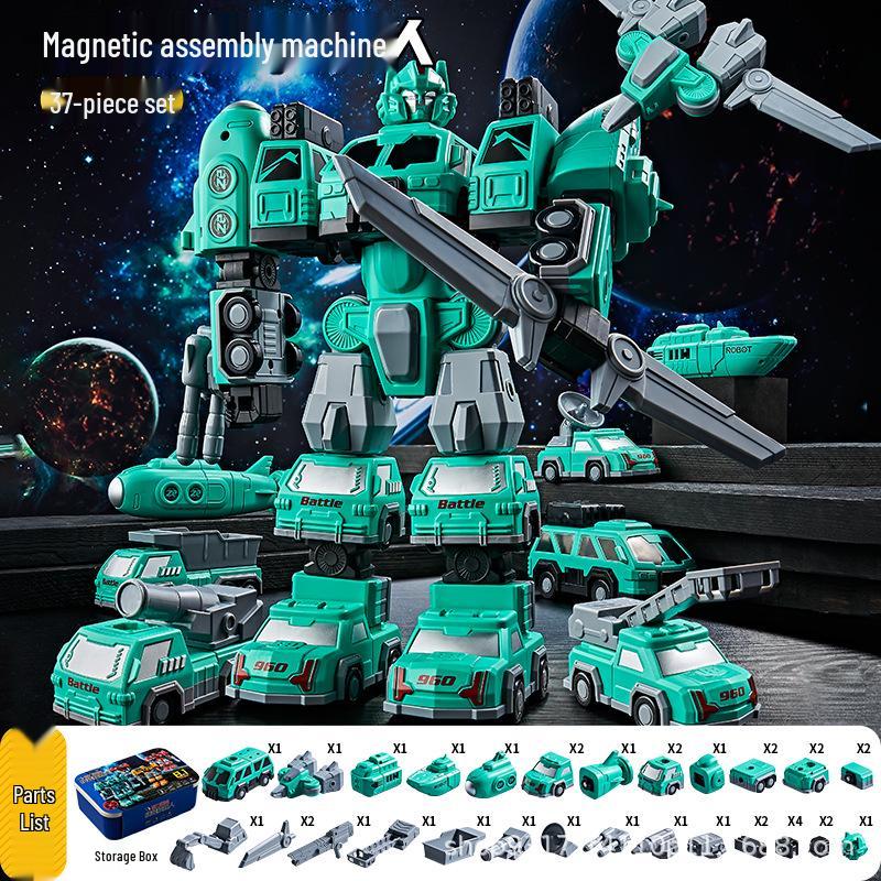37-Piece Magnetic Robot & Engineering Vehicle Toy Set