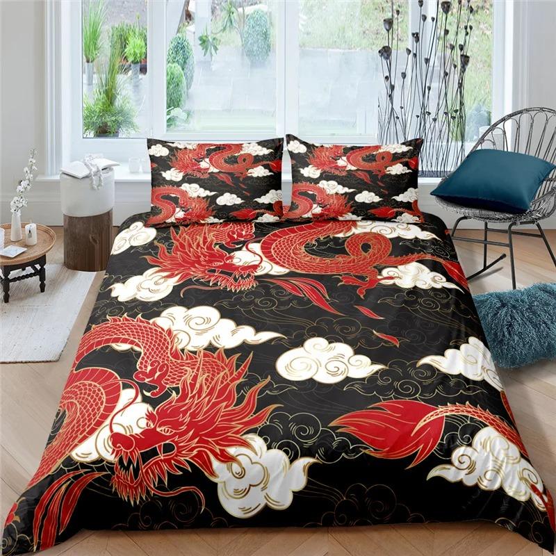 Comforter Dragon King Queen Japanese Exotic Bedding Set Ancient Mythical Animal Comforter 2/3Pcs Polyester