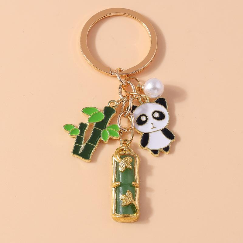 Cute Enamel Animal Panda Key Chain Bamboo Key Ring Pendant for Women Girl Handbag Decor DIY Handmade Jewelry Gift