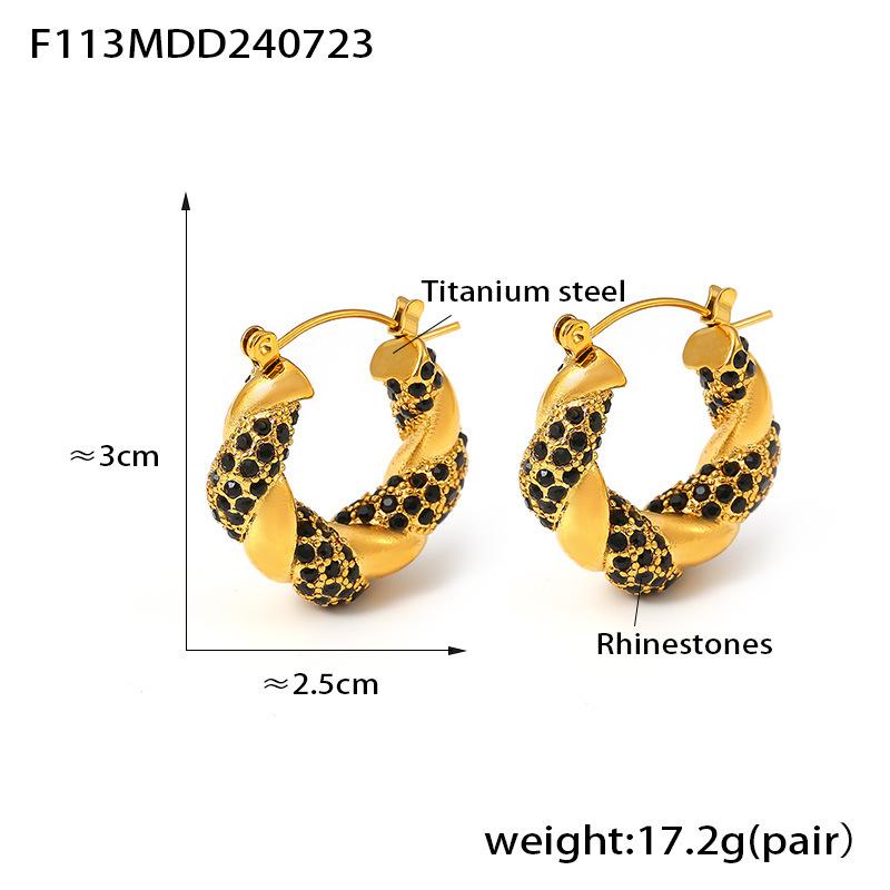 Wind New Inlaid White, Green and Black Diamonds Twisted Shape Earrings Temperament Personalized Design Titanium Steel Plated 18k Real Gold Women