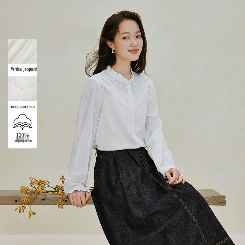 INMAN Women s French Lace Stand Collar Cotton Shirt XL