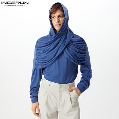 Men Front Cross Ruffled Long Sleeve Hooded Solid Pullover Tops