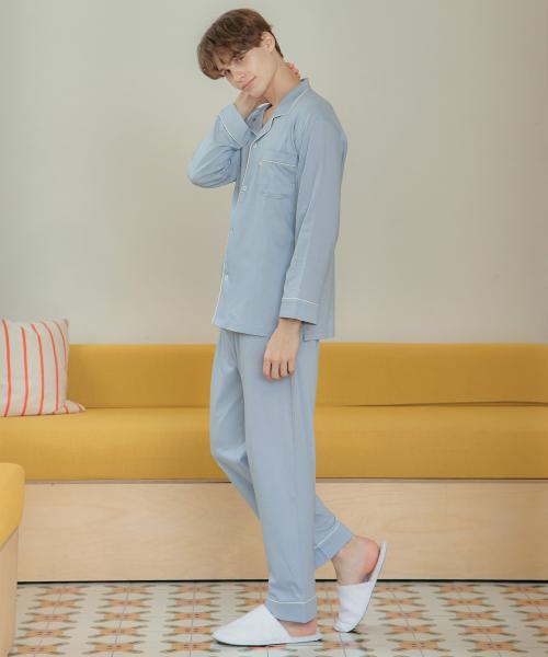[May Flower] Soft Light Blue Long Sleeve Pure Cotton Men's Plus Size Pajamas Set [Shipped from Korea] 100% Authentic