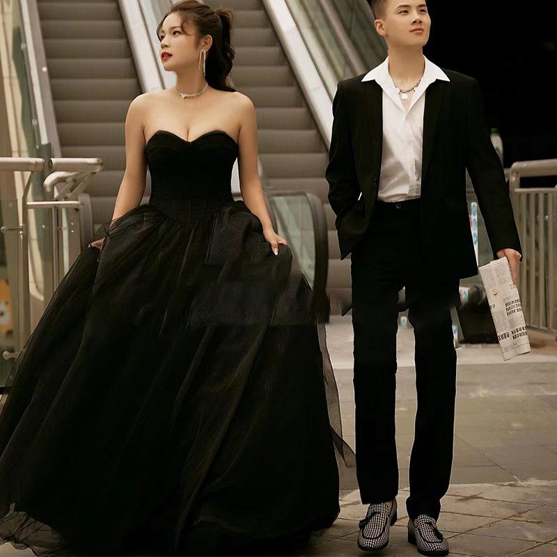 

French black light wedding dress retro question clothing elegant temperament location dress skirt S чёрный