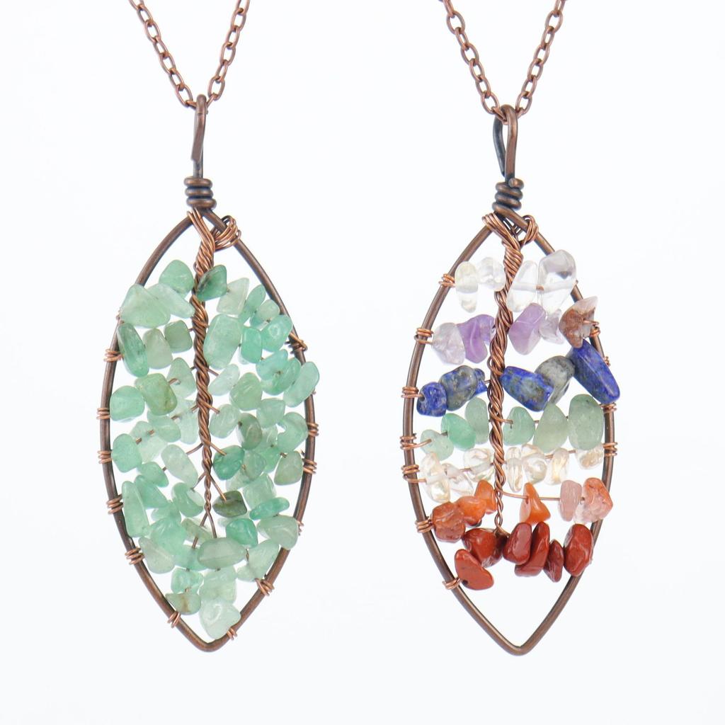 Handmade Winding Curved Leaves Natural Gravel Tree Of Life Crystal Lucky Tree Necklace N05