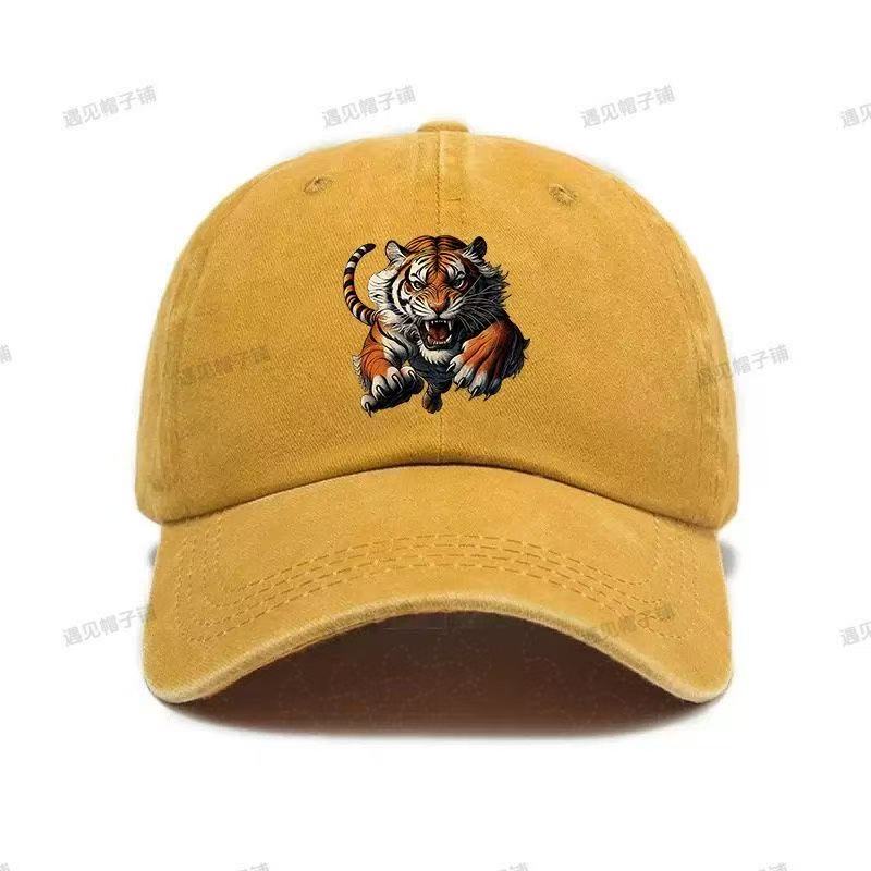 Fierce Tiger Face Graphic Baseball Cap Unisex Distressed Cotton Outdoor Casual Adjustable Hat