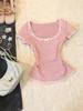 Vintage Rosa Spitzen-Pünktchen Schlankmachendes T-Shirt - Kurzärmelig, Koreanischer Stil