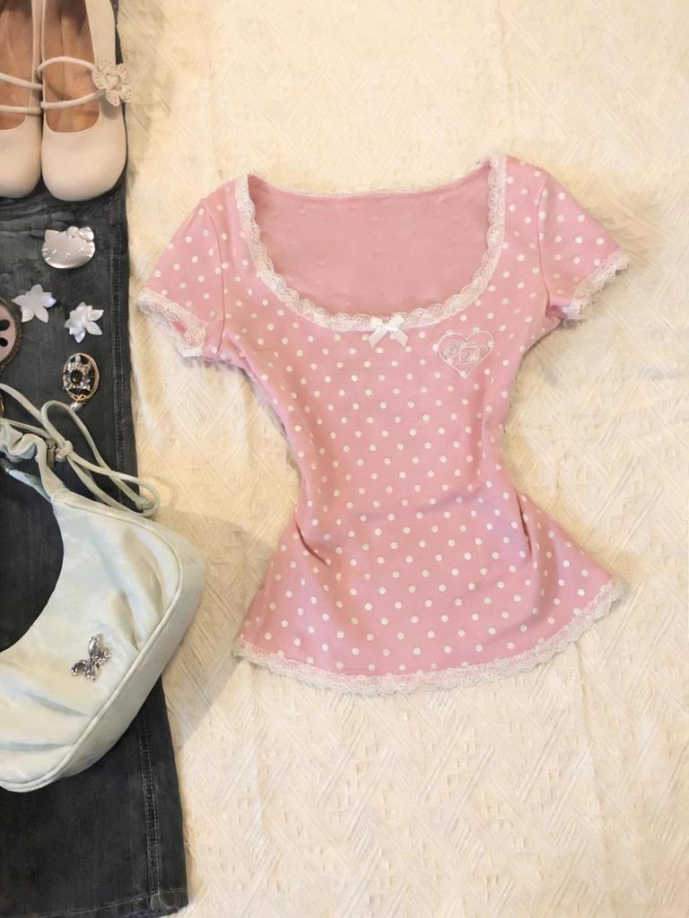 Vintage Rosa Spitzen-Pünktchen Schlankmachendes T-Shirt - Kurzärmelig, Koreanischer Stil