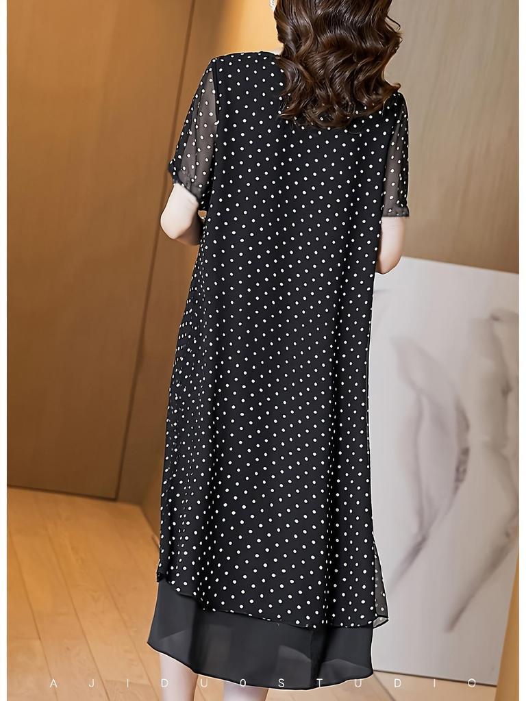 2026 Summer Chiffon Polka Dot A-line Plus Size Dress for Middle-aged Women