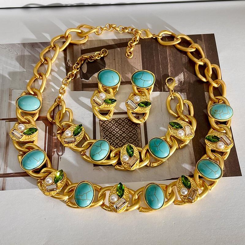 Vintage Pearl Chain Jewelry Set Women - Rhinestone Embellished Necklace Earrings Bracelet Boho Chic Retro Accessory