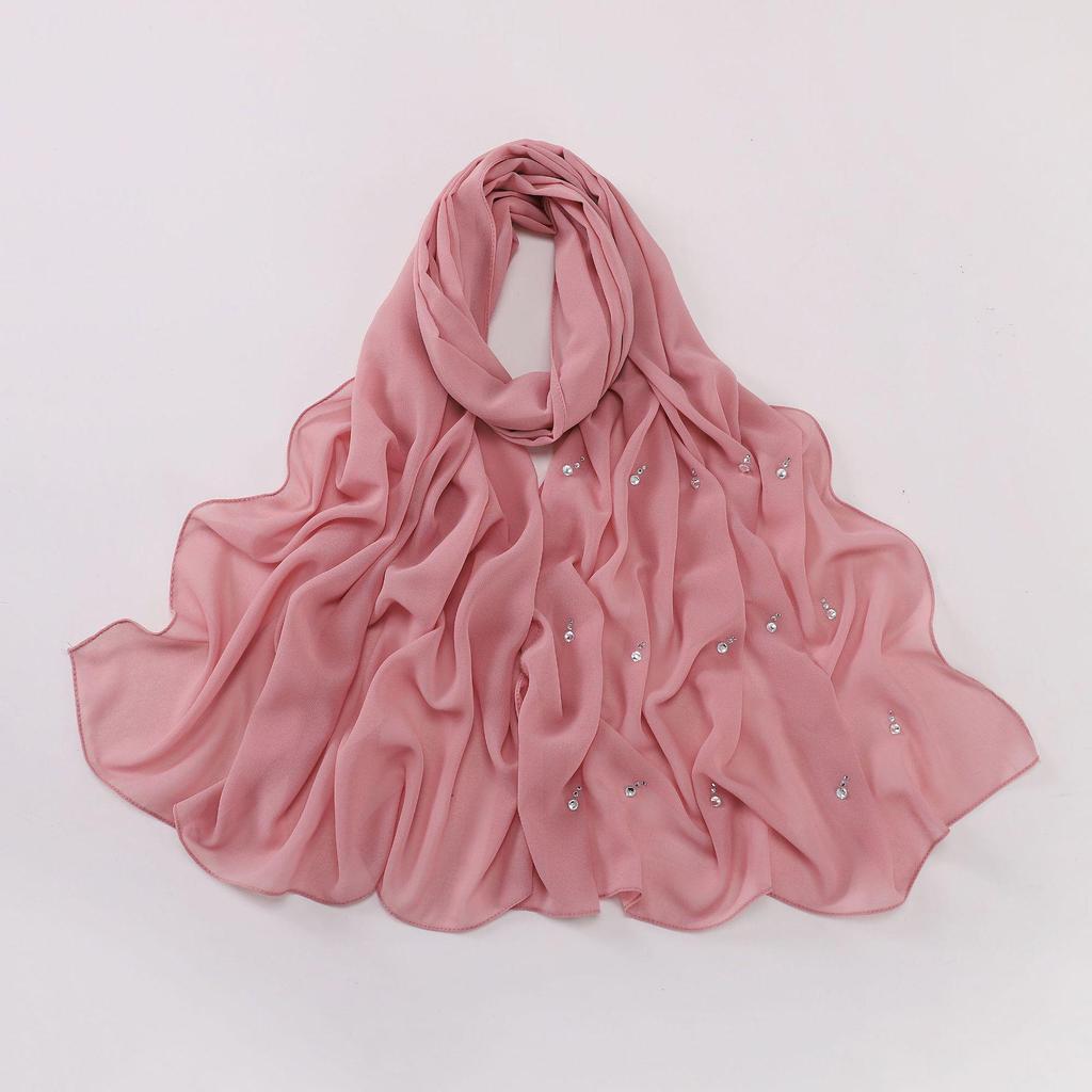Perłowy szyfonowy hidżab z kroplą wody i diamentami - szalik w stylu bliskowschodnim i malezyjskim