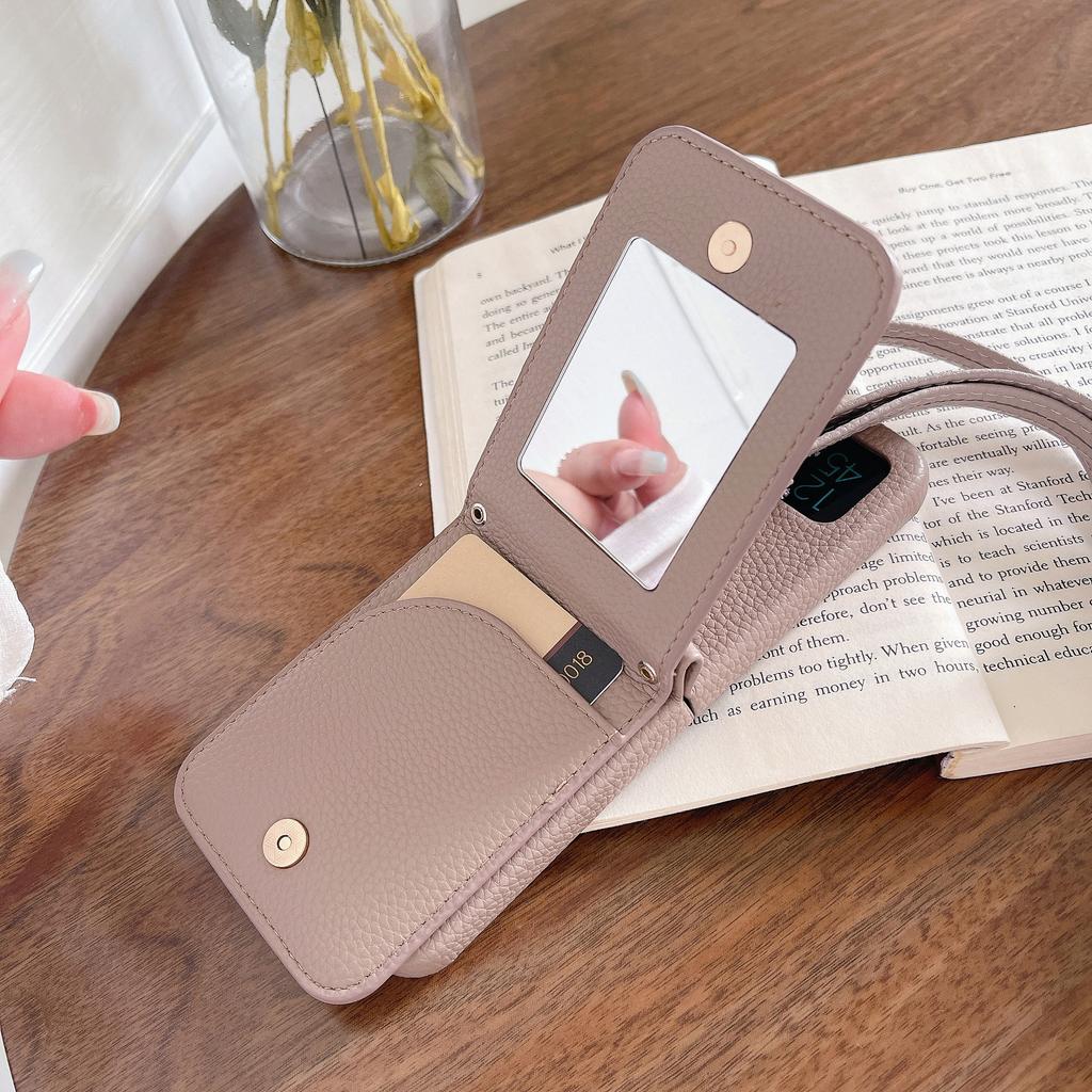 Applicable To Samsung ZFlip4 Folding Messenger Lychee Pattern Zflip3 Ring Mirror Card Bag Long Lanyard Protective Cover