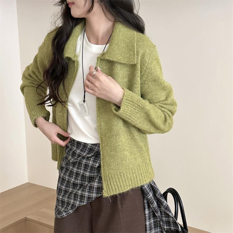 2026 Autumn Winter New Women Lapel Collar Zip Up Knit Cardigan Loose Long Sleeve Versatile Soft Knitted Sweater Outerwear Coat