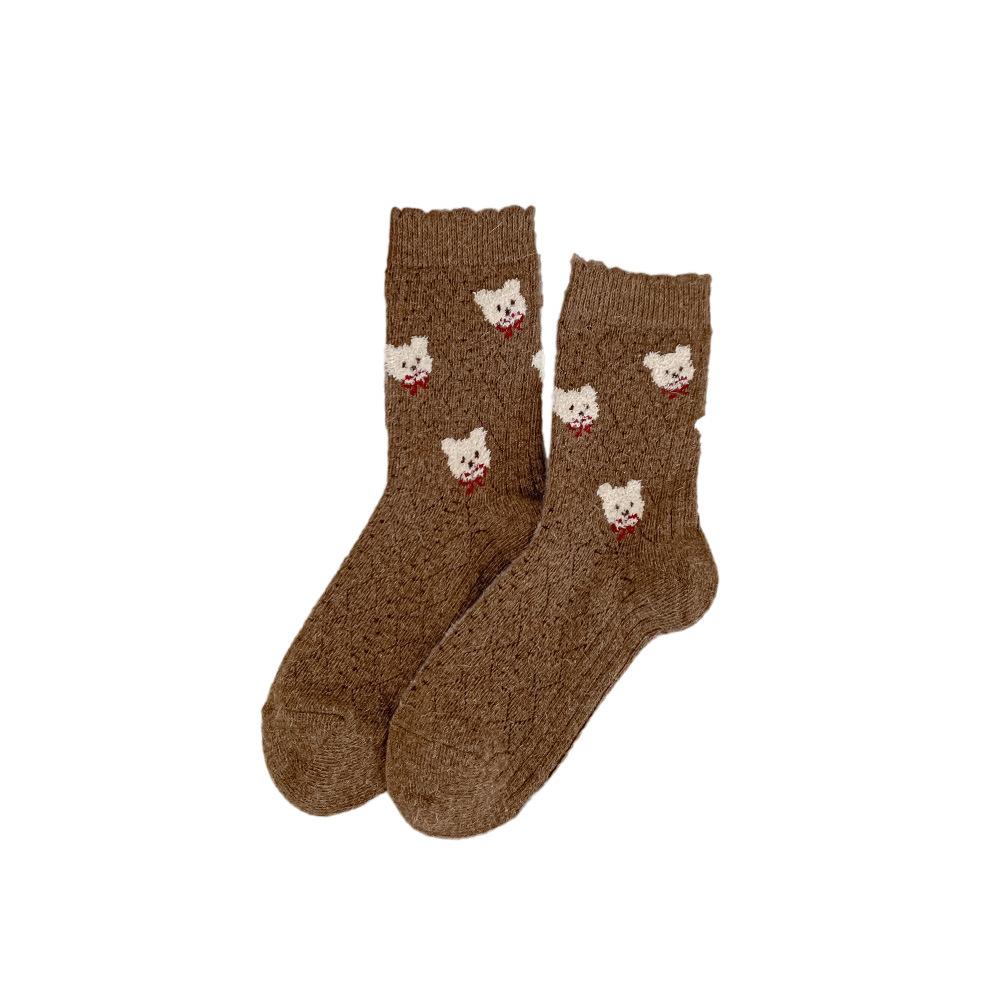 Thickened Warm Wool Socks, Cartoon Bear, Coffee-colored Mid-calf Socks, Double-layer Black Fungus Edge, Pile Mid-calf