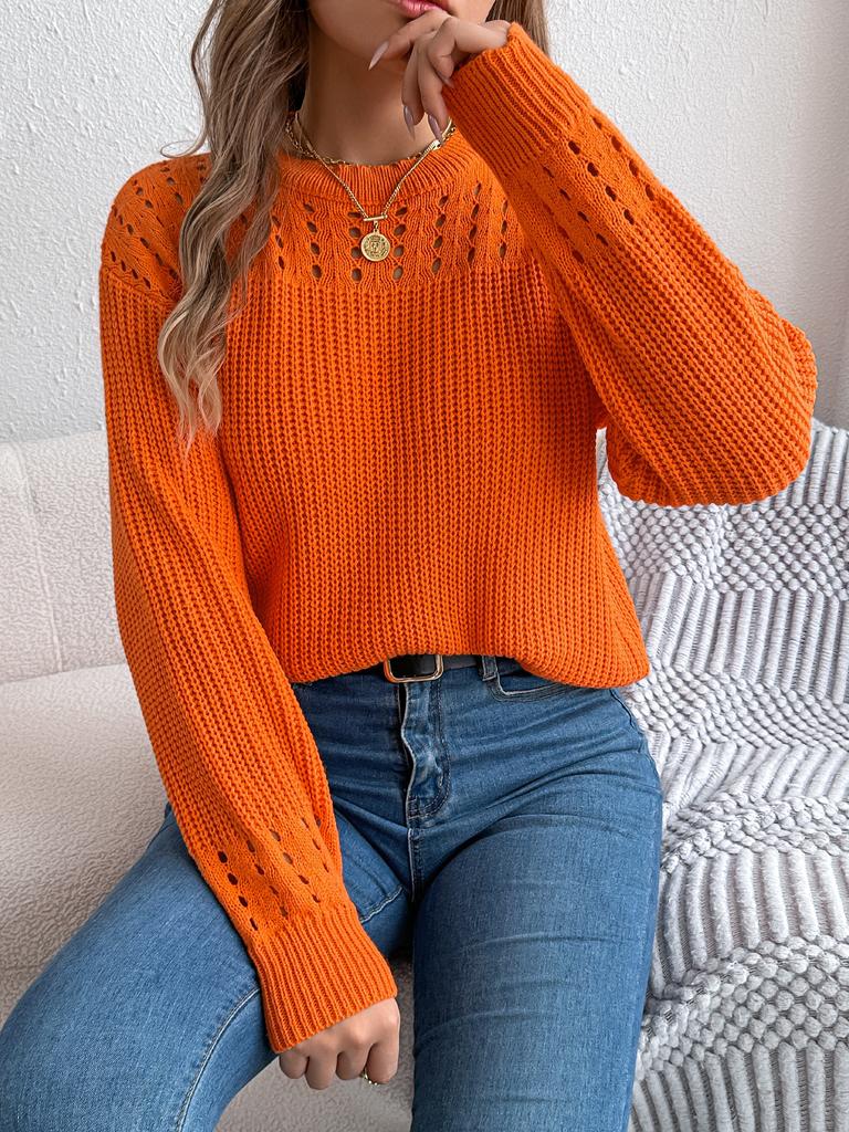 Ležérní jednobarevný dutý lampionový pulovr s dlouhým rukávem