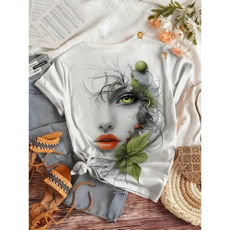 Summer T-shirt Ladies Abstract Art Portrait 3d Printing Fashion Casual Tops Contrast Color Design Women's Clothing