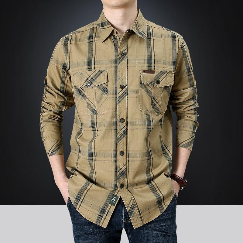 Spring Middle-aged and Young Men's Long-sleeved Shirt with Men's Cotton Loose Large Size Daddy's Plaid Multi-bag Military Casual Shirt