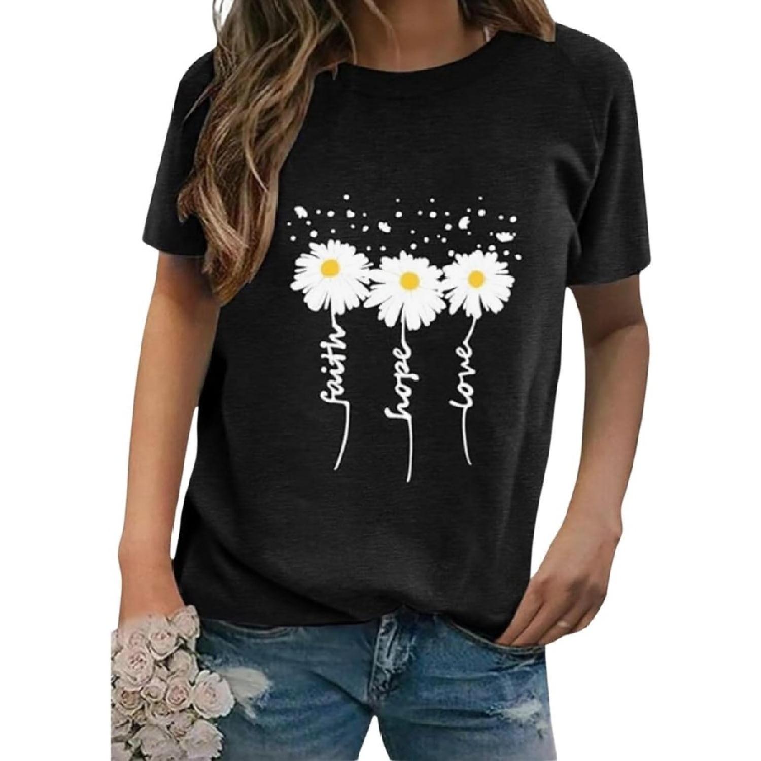 Women s Summer Round Neck Short Sleeve Print Casual Tops Cute Fashion Funny Tshirt S