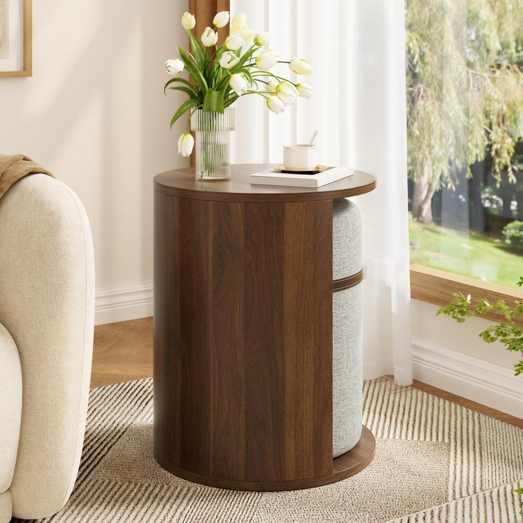 Set Tavolino con Sgabello Tavolino Rotondo Comodino Tavolino da Divano Tavolino Occasionale con Contenitore Legno MDF Aspetto Mobili Moderni per Soggiorno
