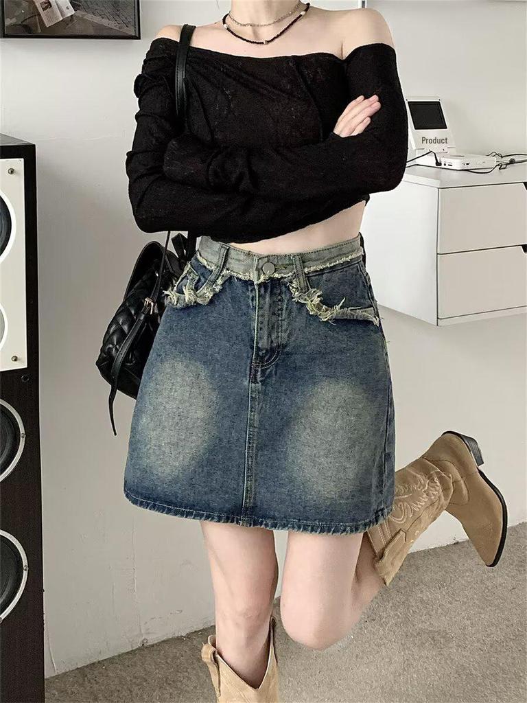 Women's High Waist Frayed Denim Mini Skirt - Summer A-line, Plus Size, Petite, Versatile Bodycon