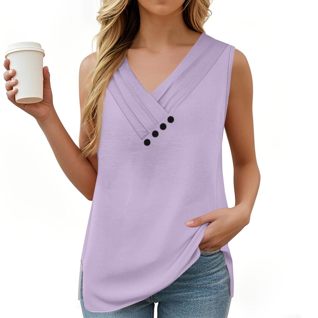 Women's Solid Color Vest Summer Button-down V-neck T-shirt Sleeveless Loose Fashion Top