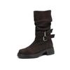 Krazing Pot Cow Suede Nubuck Winter Round Toe Modern Boots Med Heels Slip on Pleated Style Metal Buckle Mid-calf Boots