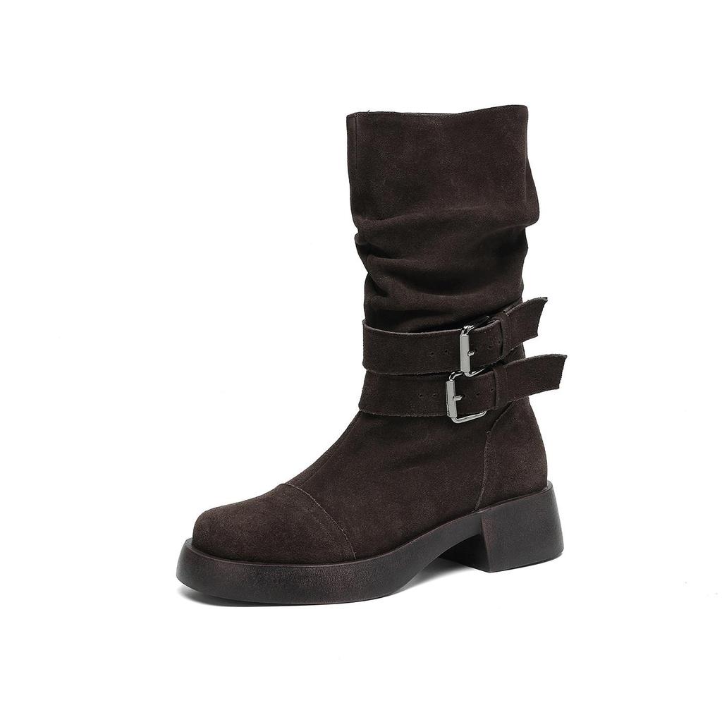 Krazing Pot Cow Suede Nubuck Winter Round Toe Modern Boots Med Heels Slip on Pleated Style Metal Buckle Mid-calf Boots