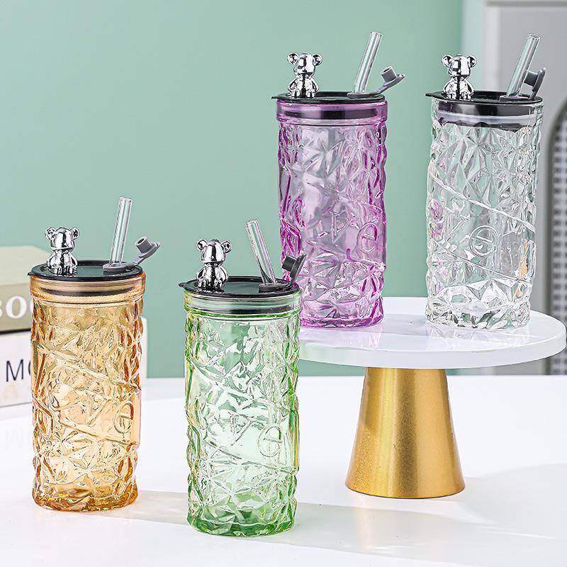 Diamond Bear Ins Style Glass Cup with Lid - High-Value Souvenir, Perfect Small Gift, Customizable Design 330ml