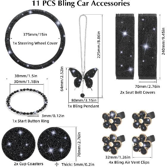 ARTILAURA 11 PCS Bling Car Accessories Set For Women Steering Wheel Covers Butterfly Hanging Seat Belt Cover Air Vent Clips Coasters Cute Glitter
