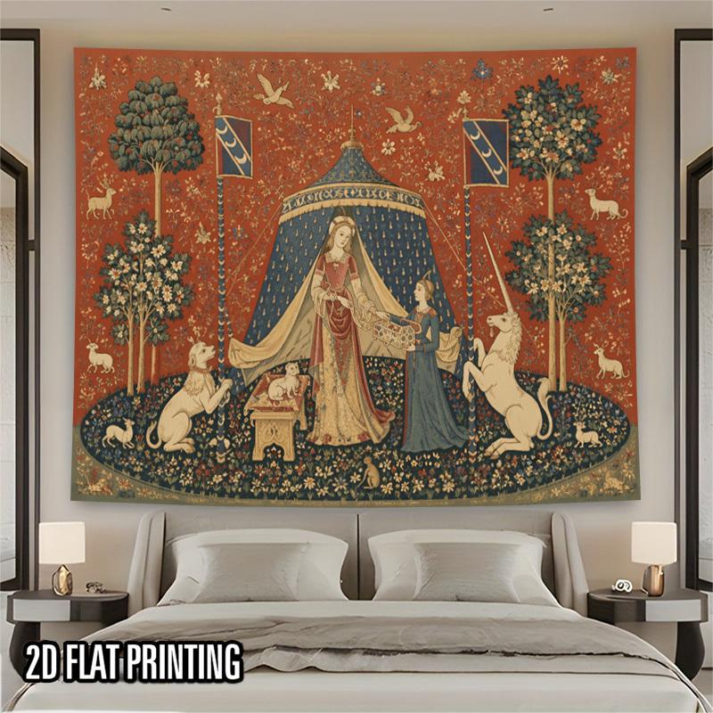 2D Flat, 2D Flat Print 1pc Tapestry Medieval Noble Lady and Unicorn Tapestry, Fantasy Myth Scene Wall Decor 100% Polyester, Suitable for Romantic Indo