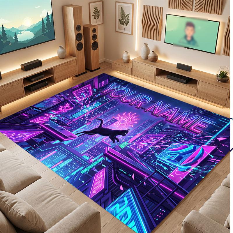 Cat Theme Crystal Velvet Floor Rug Personalized Custom Name Text Warm Carpet Home Decoration