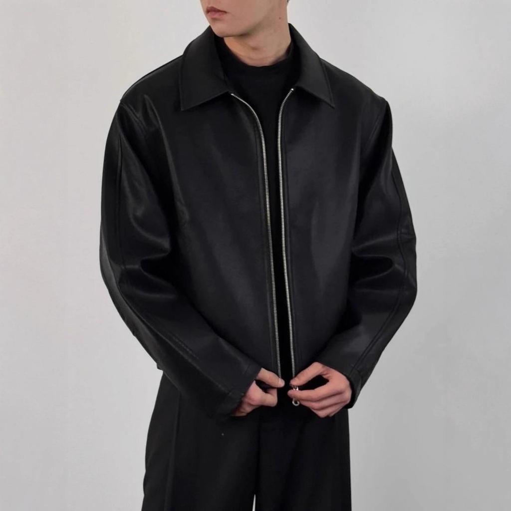 Men's High-End Retro Red-Lined PU Leather Jacket with Straight Shoulders and Top Lapel