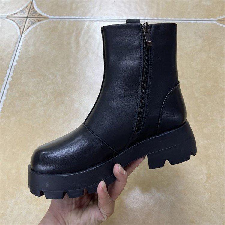 Coarse heel soft leather short boots women's British style retro round head Martin boots thick-soled knight thin boots