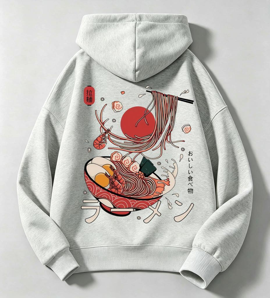 Autumn/Winter Children's Casual Hooded Sweatshirt - Retro Cartoon Japanese Ramen Bowl Print Long Sleeve Pullover Shirt