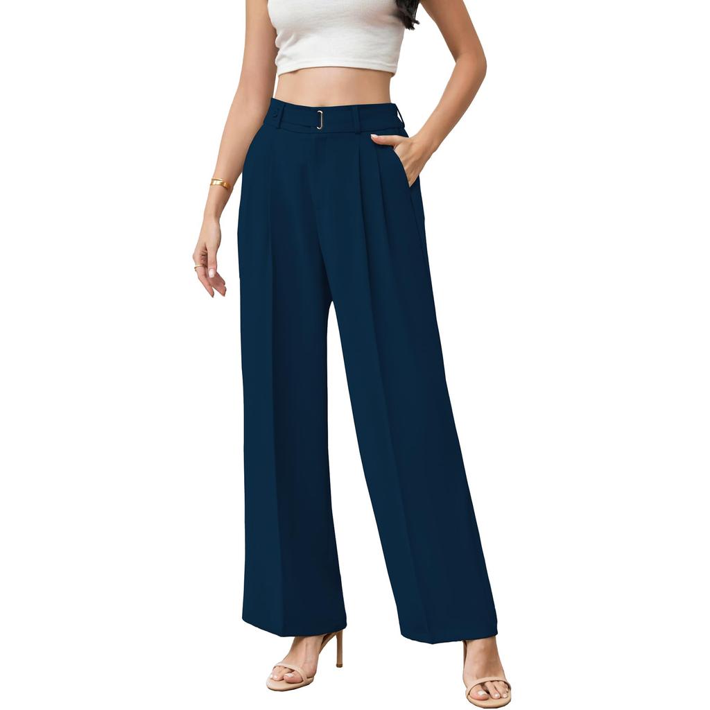 Women's High Waist Wide Leg Pants with Belt Business Casual Straight Leg Trousers for Office and Daily Wear