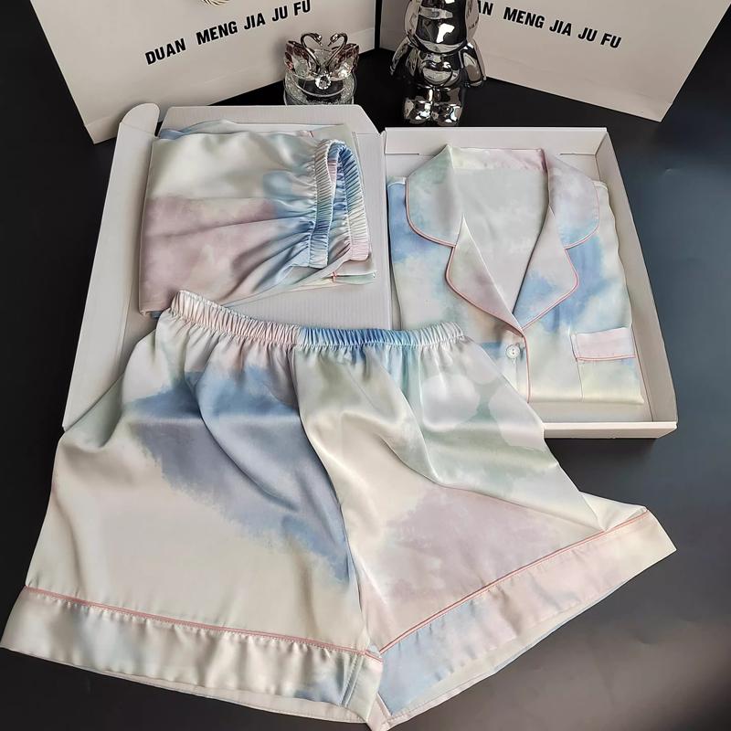 

Корейский стиль, новая женская пижама, комплект из трех предметов, весенняя женская пижама с принтом, шорты с короткими рукавами, брюки, домашняя одежда M