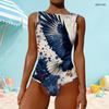 Women Plus Size High Round Neck Sleeveless One Piece Swimsuit Firework Printed Navy Blue