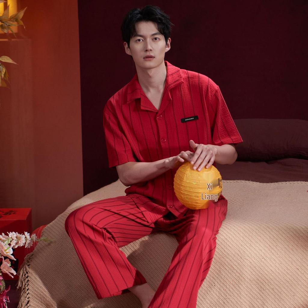 Men's Long-Sleeve Woven Gauze Pajama Set for Spring/Autumn