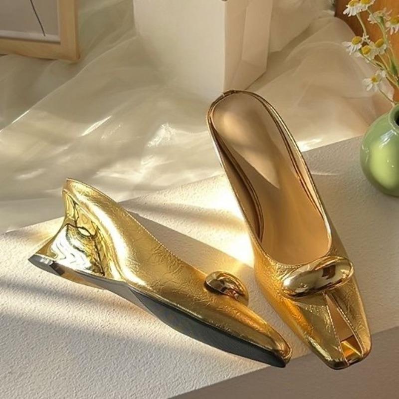 Retro Baotou Half Slippers Women Summer Square Toe Shallow Mouth Metal Buckle Versatile Sexy Wedge Sandals