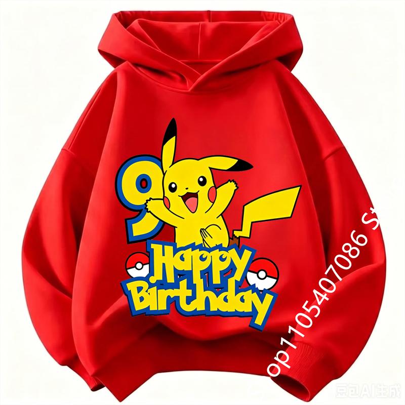 Children Pikachu Birthday Number 1-9 kid hoodie Boys Girls Casual Short Sleeves Tops Summer Kids long-sleeved hoodie