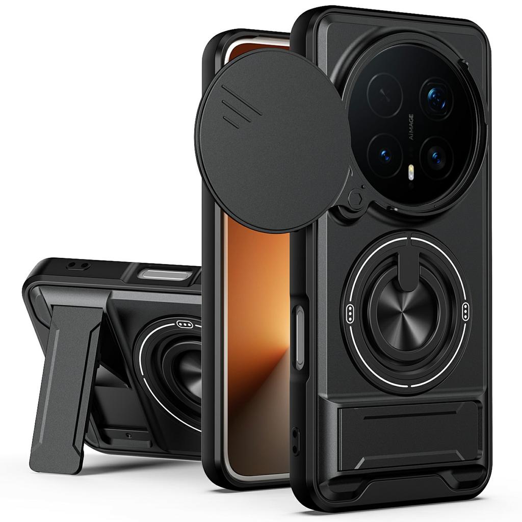 Für Honor Magic8 Pro 5G Magnetische Hülle Ringhalter Faltbarer Ständer TPU PC Handyhülle mit Kameraobjektiv-Schieberegler