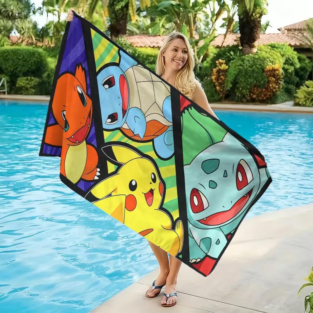 Retro Pokemon Starters Beach Towel, Microfiber Quick Dry Breathable Large Size,Poolside Vacation Bathroom, Pikachu Print Towel