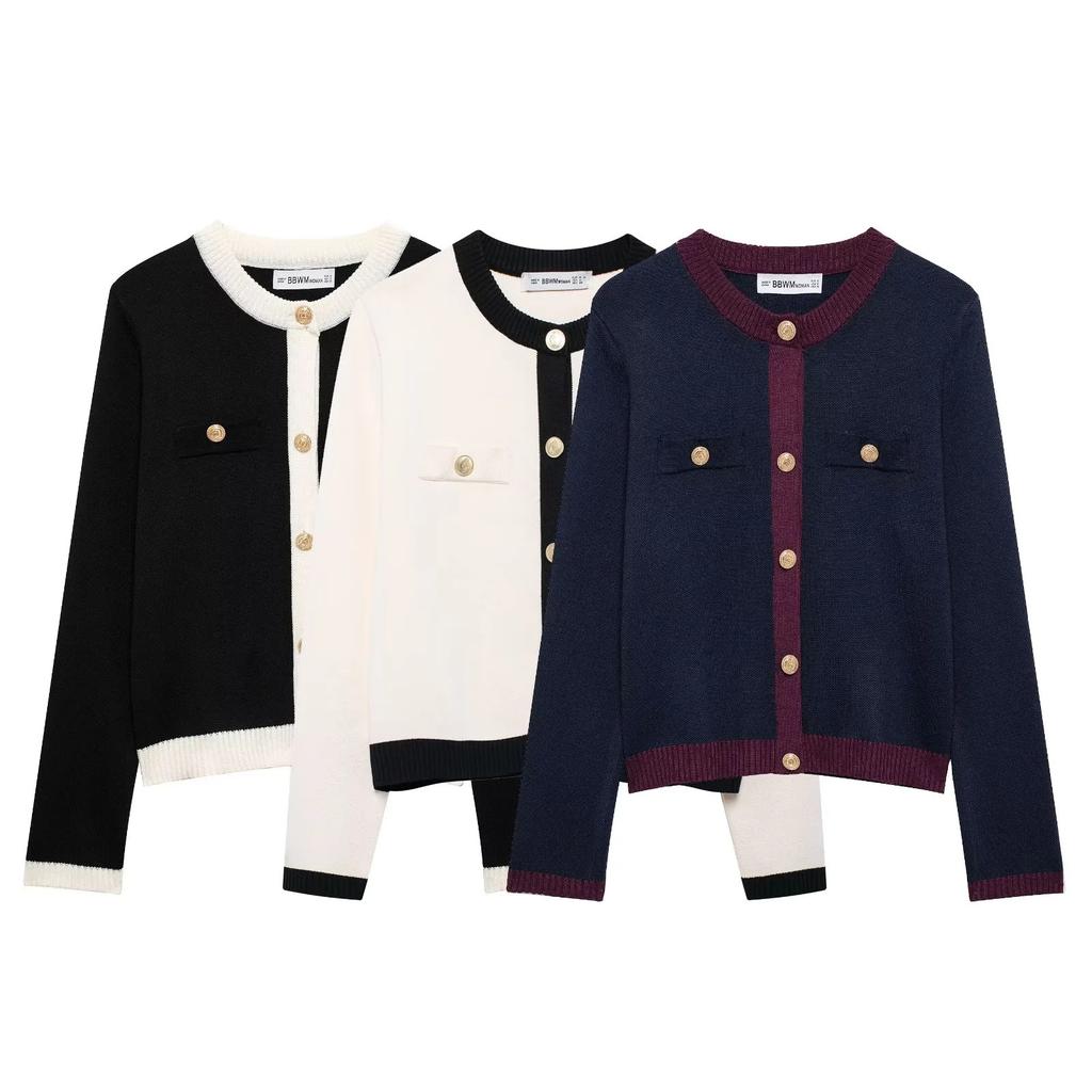 Women'S French Xiaoxiangfeng Contrasting Color Knitted Top