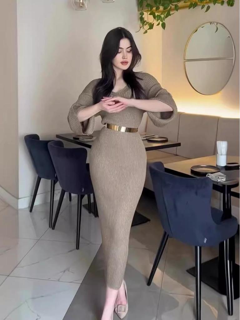 2024 Autumn European & American Women's Solid Color Long Slim Knitted Bodycon Skirt